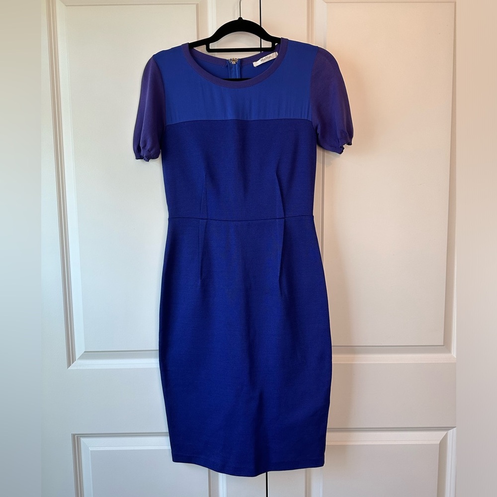 MaxMara Cobalt Blue Sheath Column Silk Blend Midi Dress (Size 40IT/6US)